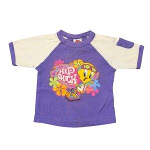 VTG Looney Tunes Girls XS Shirt Color Block Graphic Purple White Retro 90's Y2k